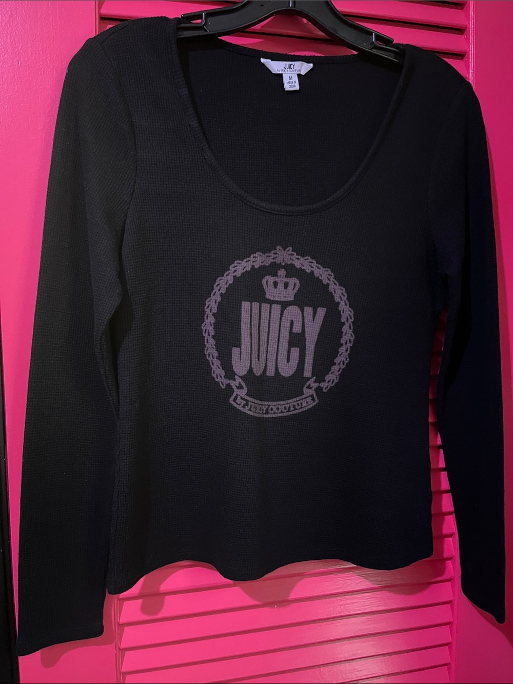 Juicy Couture Black Scoop Neck Long Sleeve Top with Crest Logo